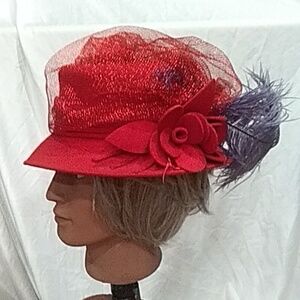 Red Women's Fascinator Hat with Purple Feather Trim